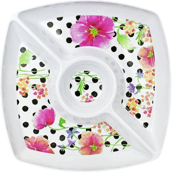 Set of 2 Home Basics Floral Design Serving Dish Set - 3-section Party Tray - Picture 2 of 9